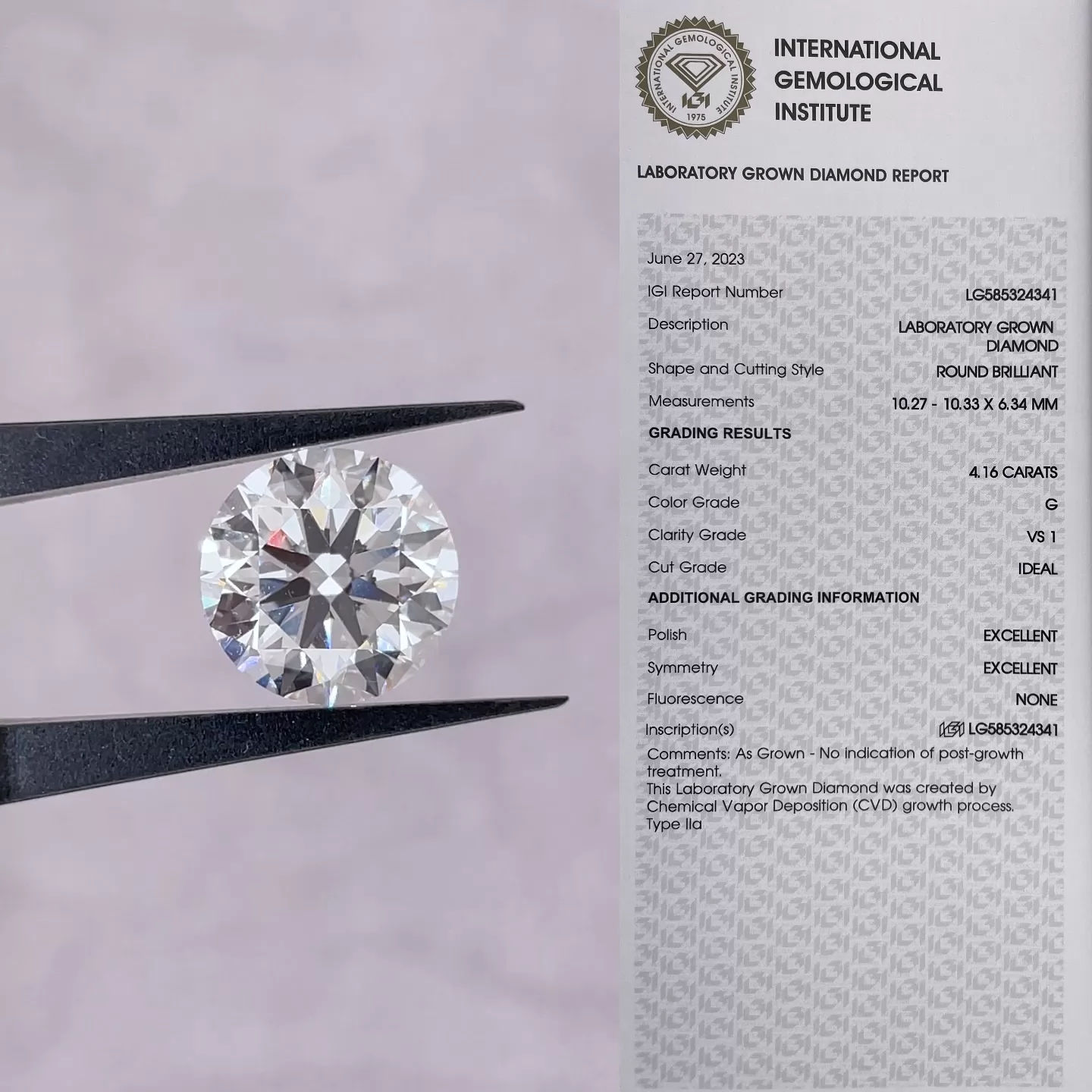 Round Brilliant Cut 4.16ct G Color CVD Lab Grown Diamond