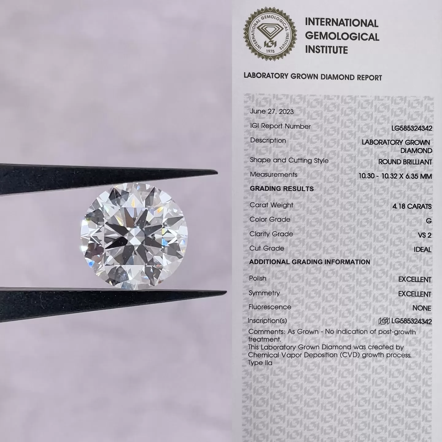 Round Brilliant Cut 4.18ct G Color CVD Lab Grown Diamond