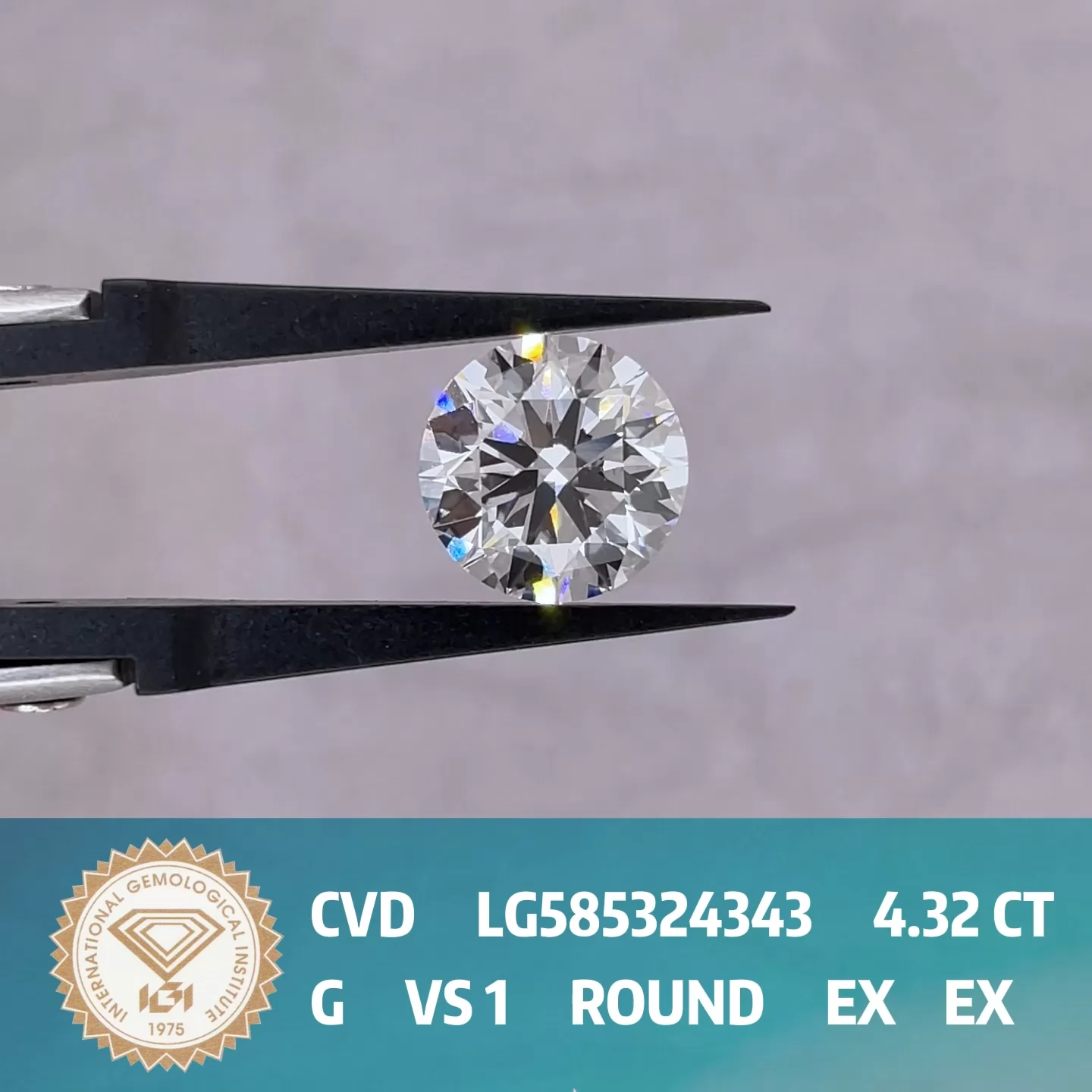 Round Brilliant Cut 4.32ct G Color CVD Lab Grown Diamond