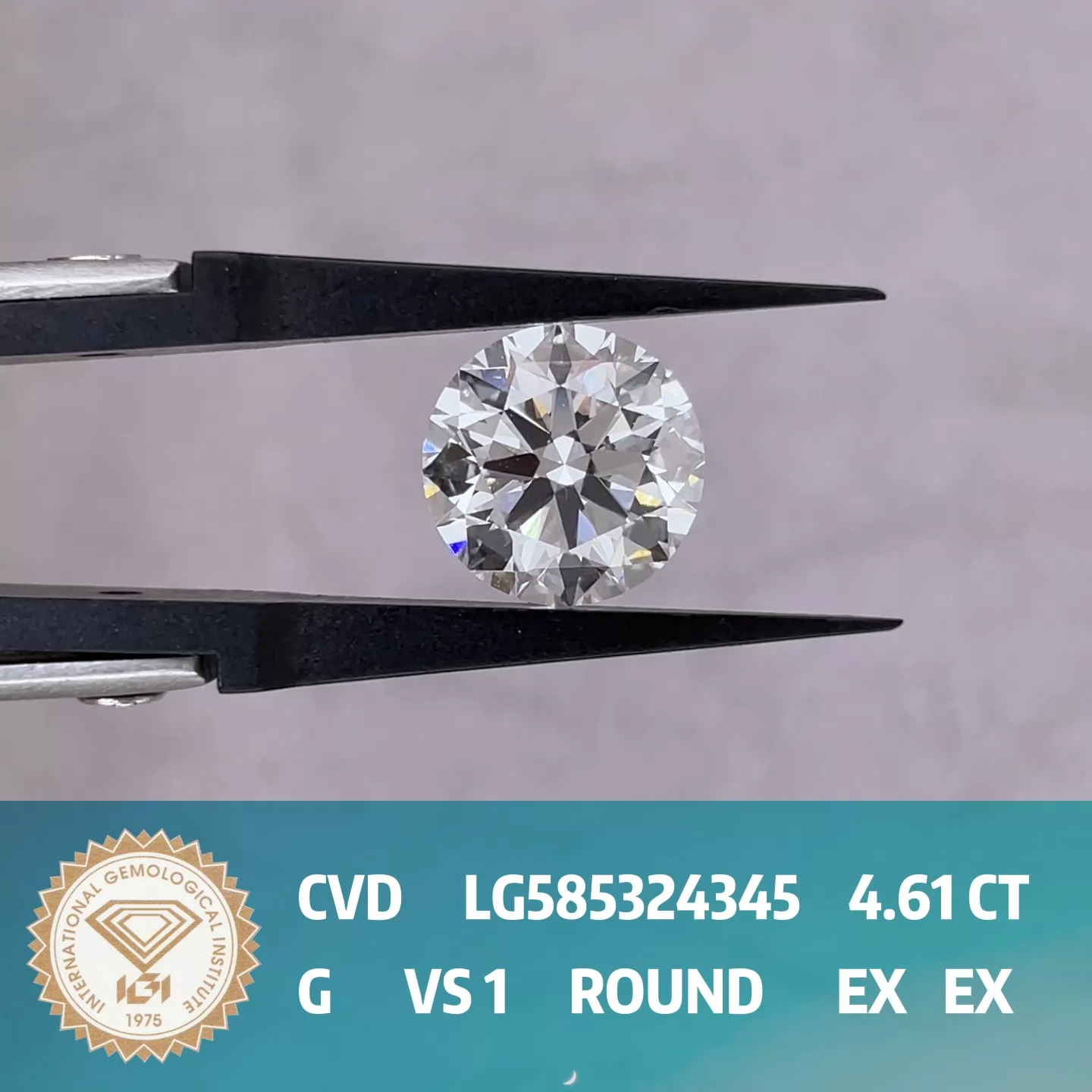 Round Brilliant Cut 4.61ct G Color CVD Lab Grown Diamond