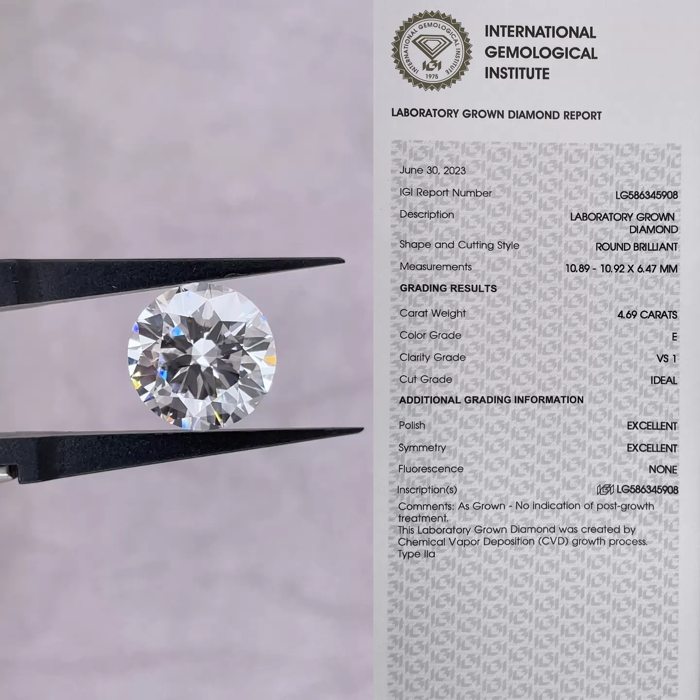 Round Brilliant Cut 4.69ct E Color CVD Lab Grown Diamond