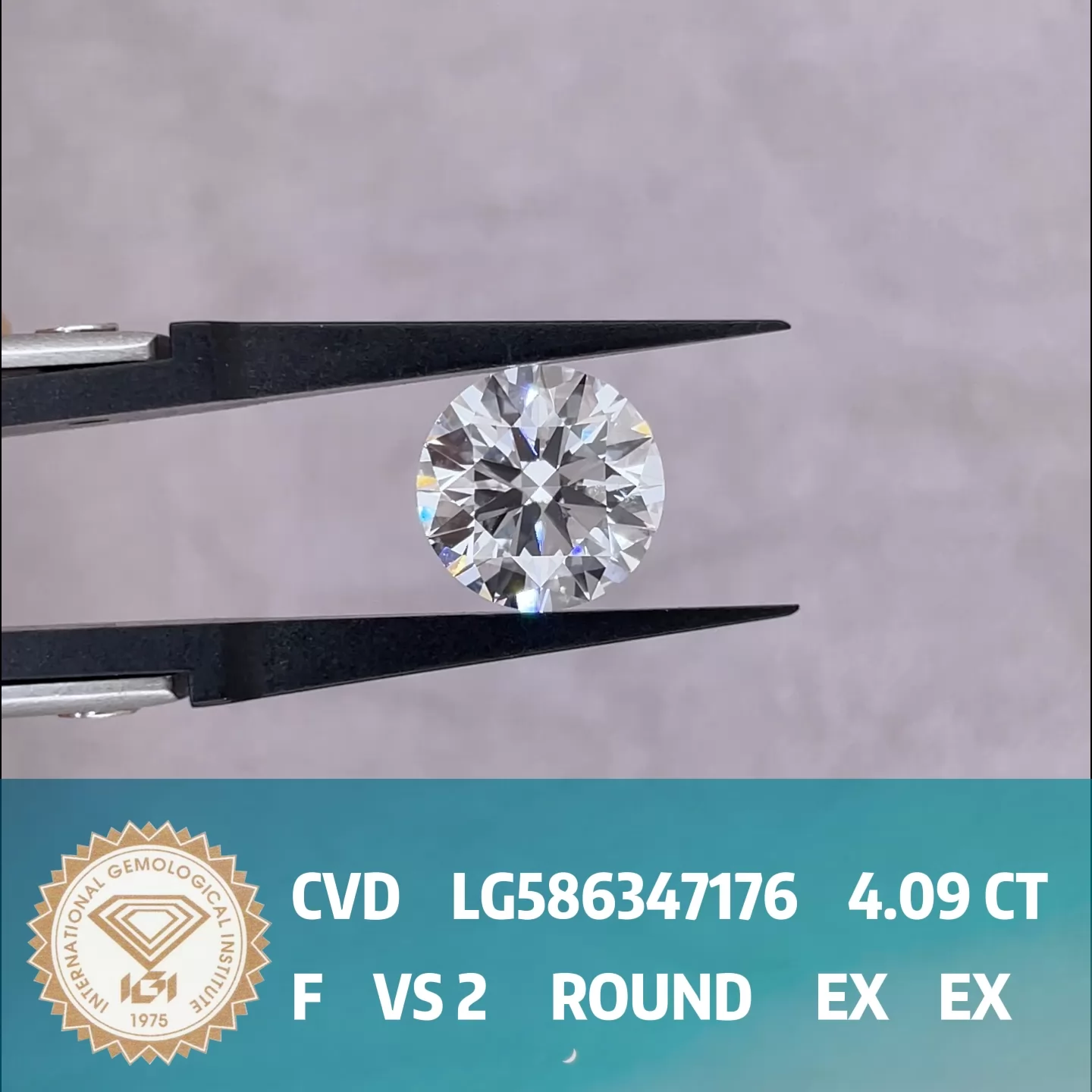 Round Brilliant Cut 4.09ct F Color CVD Lab Grown Diamond