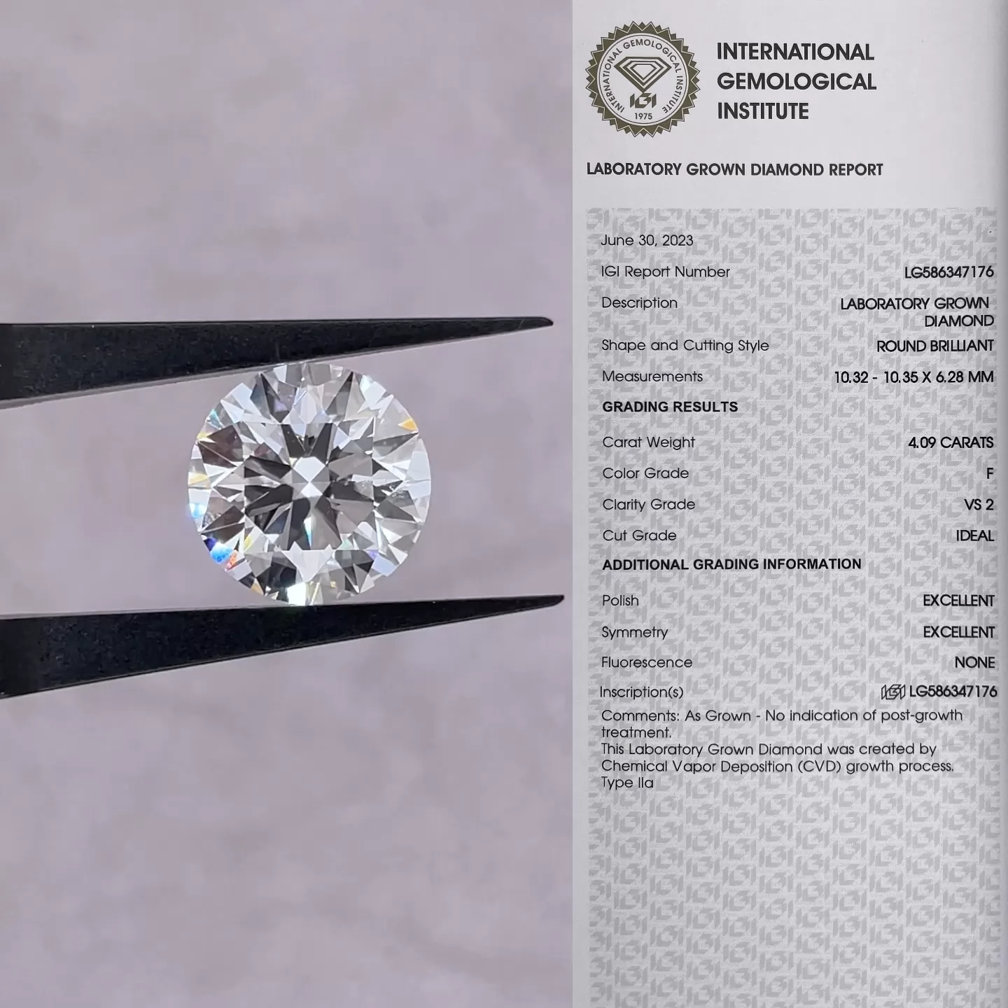 Round Brilliant Cut 4.09ct F Color CVD Lab Grown Diamond