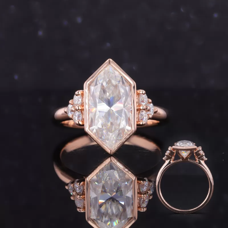 7×14mm Special Cut Hexagon Shape Moissanite With Side Moissanite 14K Rose Gold Engagement Ring