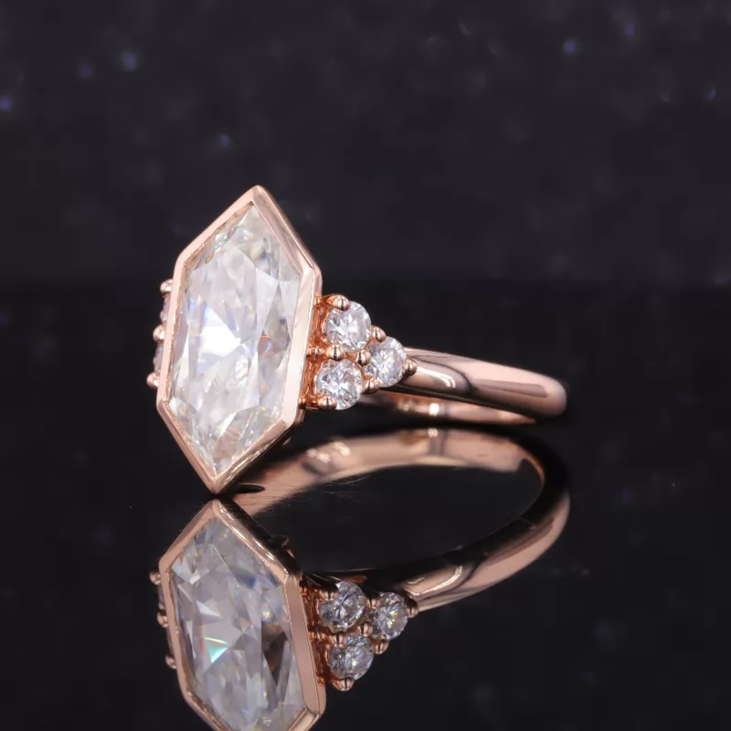 7×14mm Special Cut Hexagon Shape Moissanite With Side Moissanite 14K Rose Gold Engagement Ring