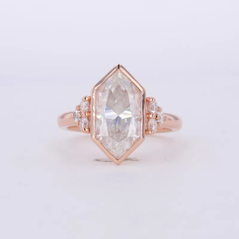 7×14mm Special Cut Hexagon Shape Moissanite With Side Moissanite 14K Rose Gold Engagement Ring