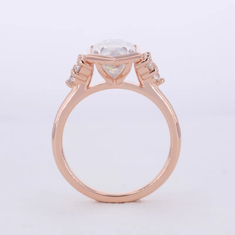 7×14mm Special Cut Hexagon Shape Moissanite With Side Moissanite 14K Rose Gold Engagement Ring