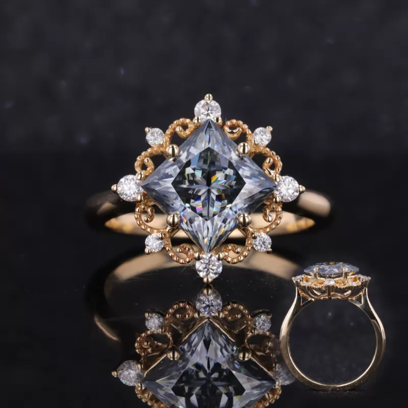 7.5×7.5mm Princess Cut Grey Moissanite 10K Yellow Gold Vintage Engagement Ring