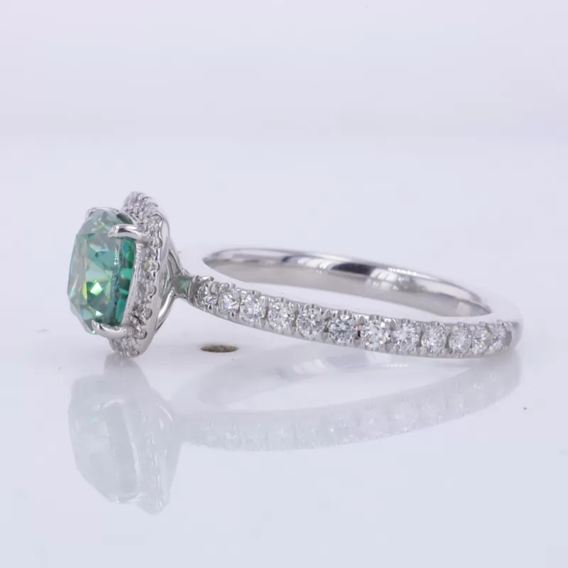 6.5×6.5mm Cushion Cut Green Moissanite 10K White Gold Halo Engagement Ring