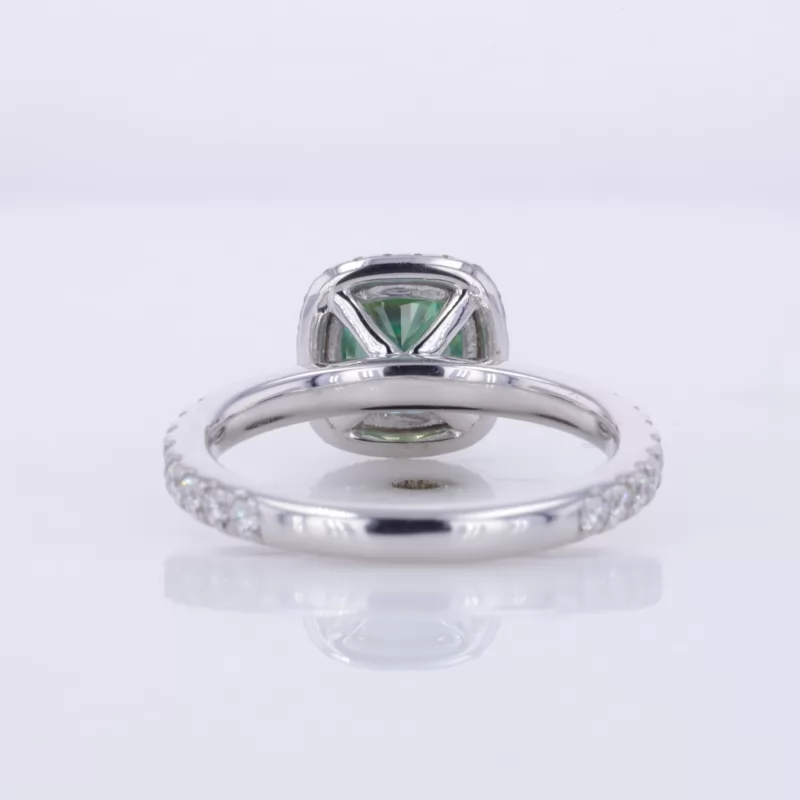 6.5×6.5mm Cushion Cut Green Moissanite 10K White Gold Halo Engagement Ring