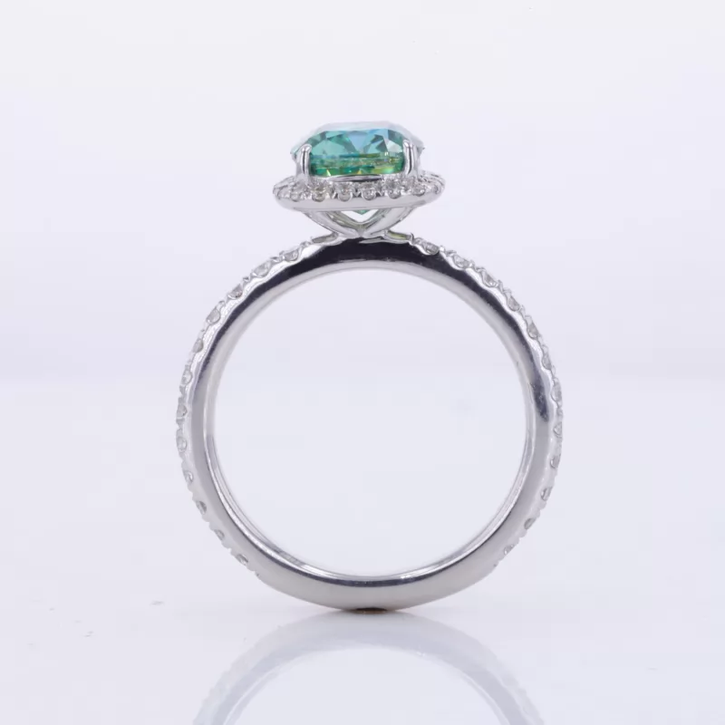 6.5×6.5mm Cushion Cut Green Moissanite 10K White Gold Halo Engagement Ring