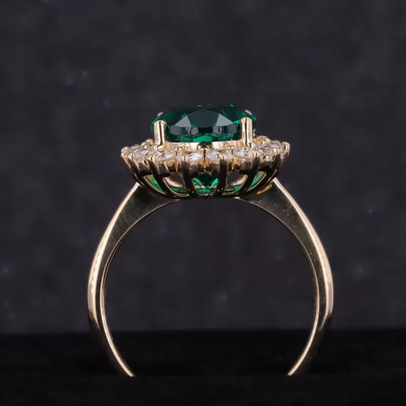 8×11mm Oval Cut Lab Grown Emerald 14K Yellow Gold Halo Engagement Ring