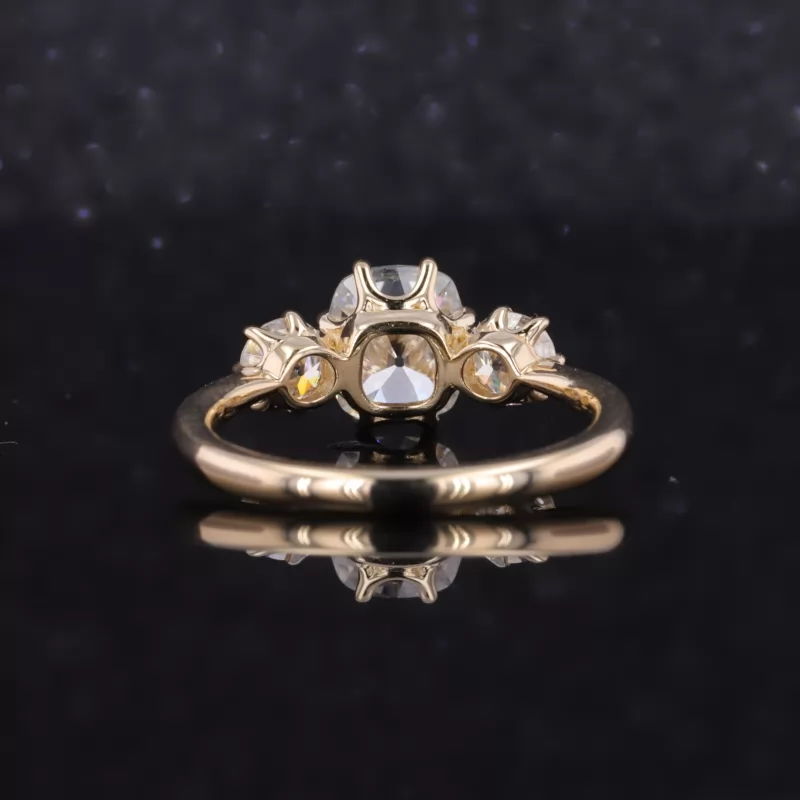 6×7mm Cushion Cut Moissanite 10K Yellow Gold Three Stone Engagement Ring