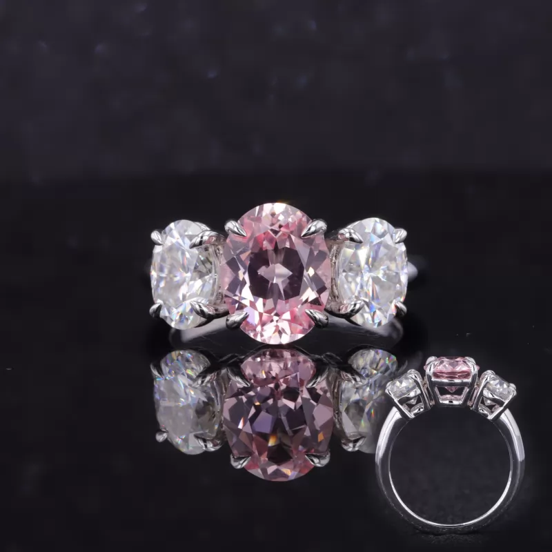 7×9mm Oval Cut Lab Grown Sukura Pink Sapphire 14K White Gold Three Stone Engagement Ring