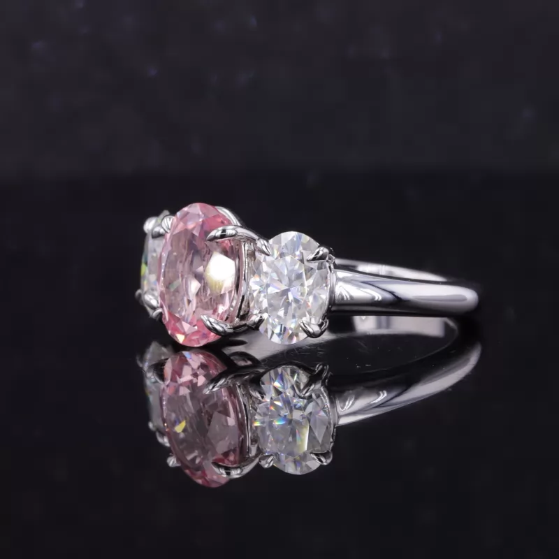 7×9mm Oval Cut Lab Grown Sukura Pink Sapphire 14K White Gold Three Stone Engagement Ring