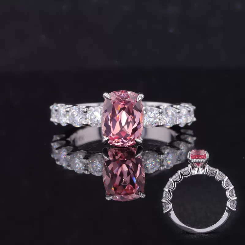 6×8mm Cushion Cut Lab Grown Sukura Pink Sapphire 14K White Gold Pave Engagement Ring