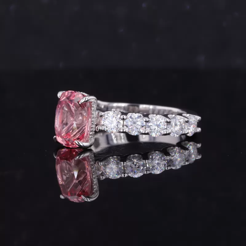 6×8mm Cushion Cut Lab Grown Sukura Pink Sapphire 14K White Gold Pave Engagement Ring