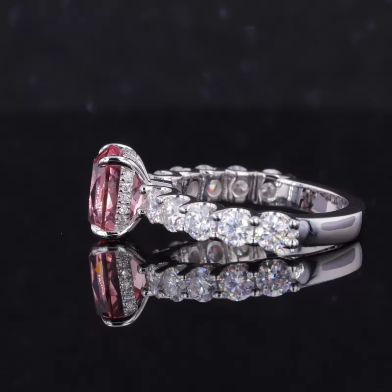 6×8mm Cushion Cut Lab Grown Sukura Pink Sapphire 14K White Gold Pave Engagement Ring