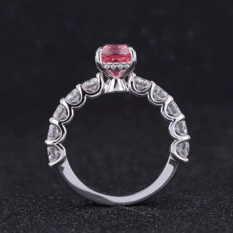 6×8mm Cushion Cut Lab Grown Sukura Pink Sapphire 14K White Gold Pave Engagement Ring