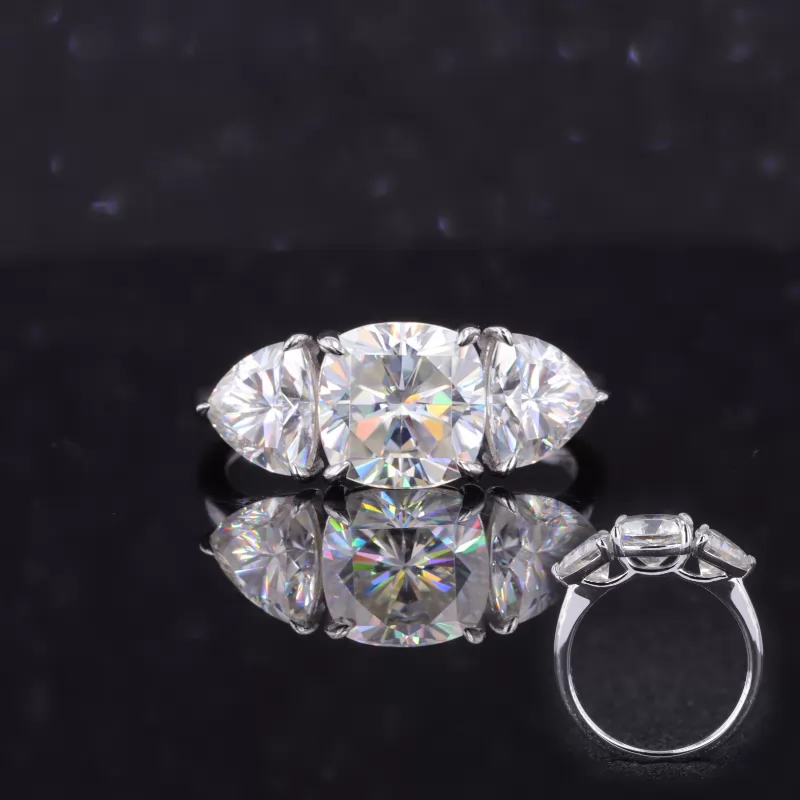 7.5×7.5mm Cushion Cut Moissanite S925 Sterling Silver Three Stone Engagement Ring