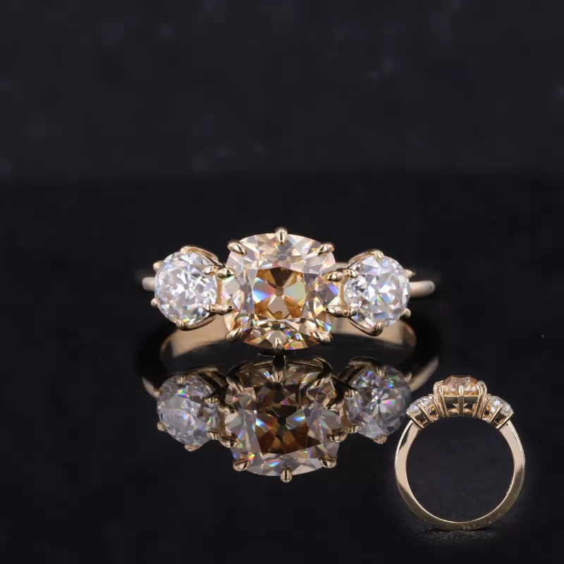 7×7mm Old Mine Cut Champagne Color Moissanite 9K Yellow Gold Three Stone Engagement Ring