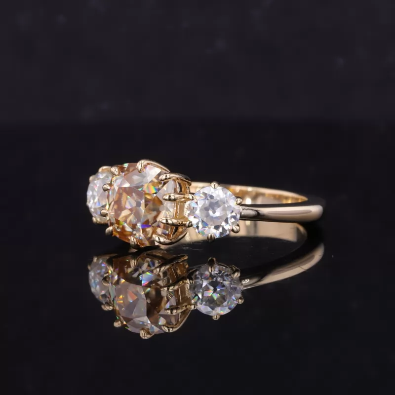 7×7mm Old Mine Cut Champagne Color Moissanite 9K Yellow Gold Three Stone Engagement Ring