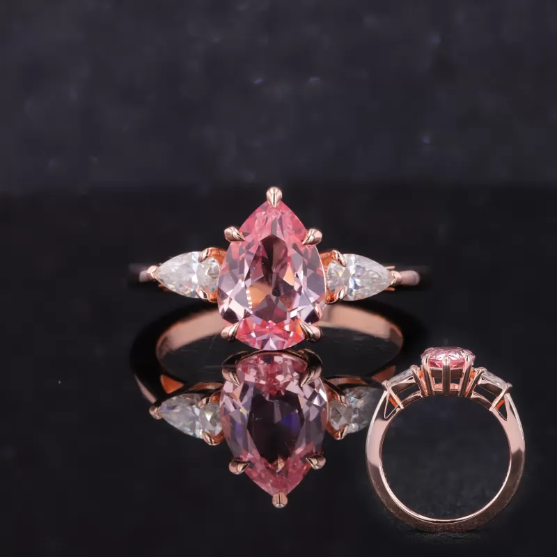 7×10mm Pear Cut Lab Grown Padparadscha Pink Sapphire S925 Sterling Silver Three Stone Engagement Ring