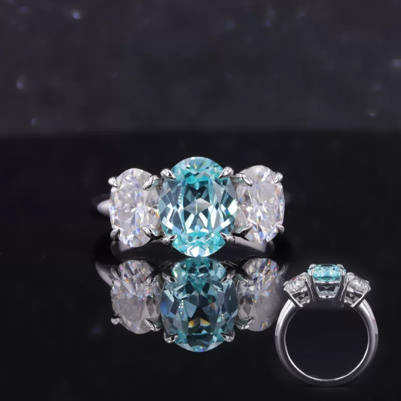 7×9mm Oval Cut Lab Grown Paraiba Sapphire 14K White Gold Three Stone Engagement Ring