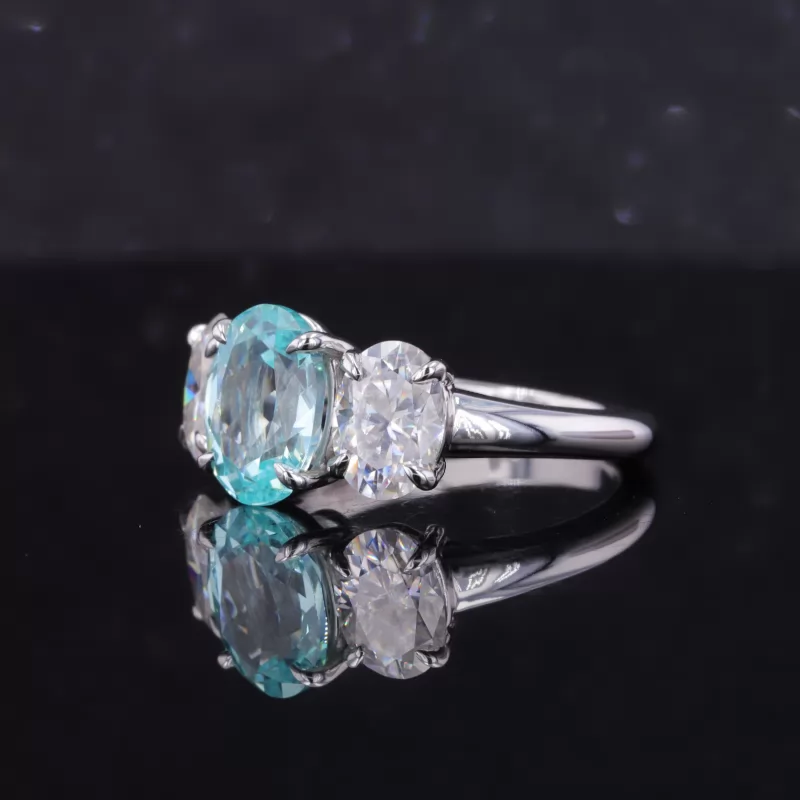 7×9mm Oval Cut Lab Grown Paraiba Sapphire 14K White Gold Three Stone Engagement Ring