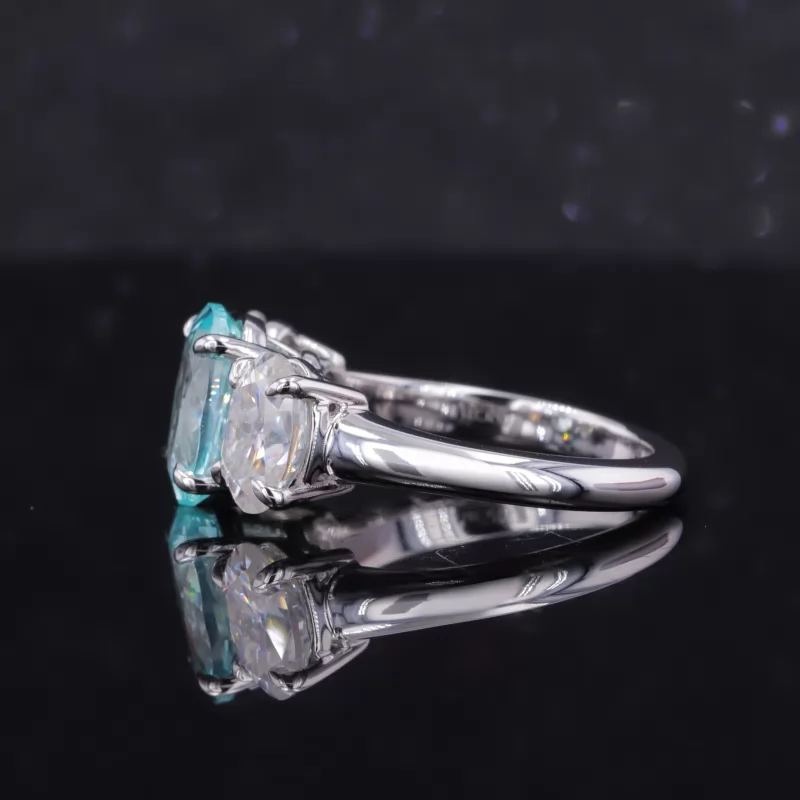 7×9mm Oval Cut Lab Grown Paraiba Sapphire 14K White Gold Three Stone Engagement Ring