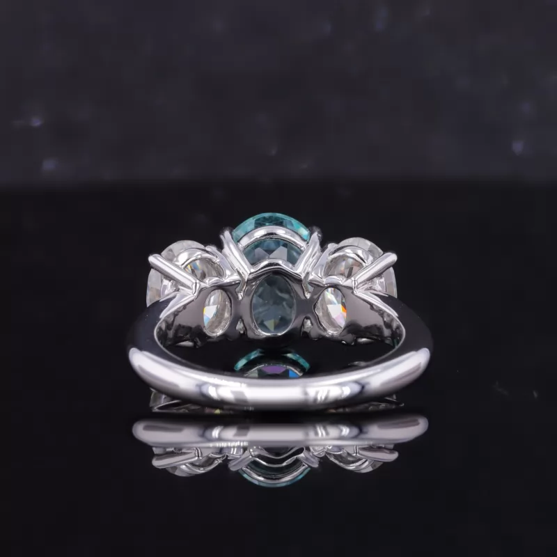 7×9mm Oval Cut Lab Grown Paraiba Sapphire 14K White Gold Three Stone Engagement Ring