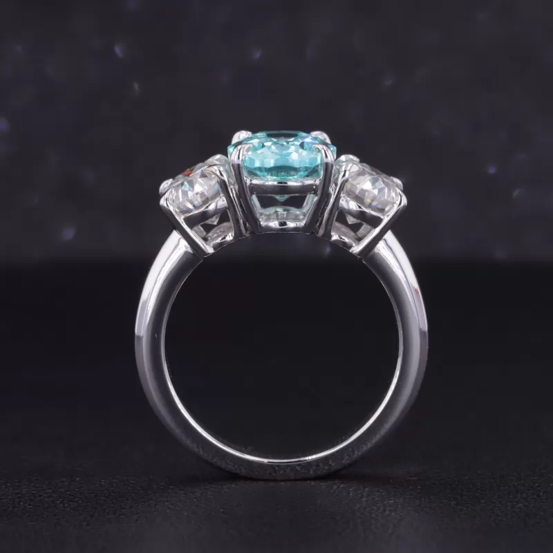 7×9mm Oval Cut Lab Grown Paraiba Sapphire 14K White Gold Three Stone Engagement Ring