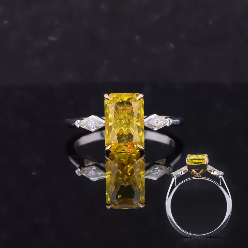 6×9mm Radiant Cut Lab Grown Yellow Sapphire 14K White Gold Three Stone Engagement Ring