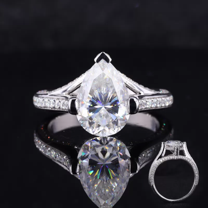 9×13mm Pear Cut Moissanite 14K White Gold Channel Set Engagement Ring