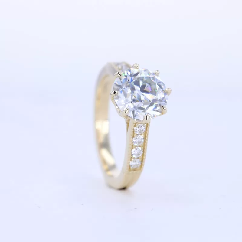 8.5mm Round Brilliant Cut Moissanite 10K Yellow Gold Channel Set Engagement Ring