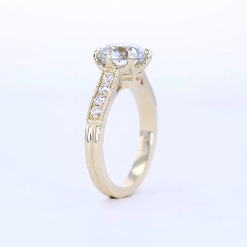 8.5mm Round Brilliant Cut Moissanite 10K Yellow Gold Channel Set Engagement Ring