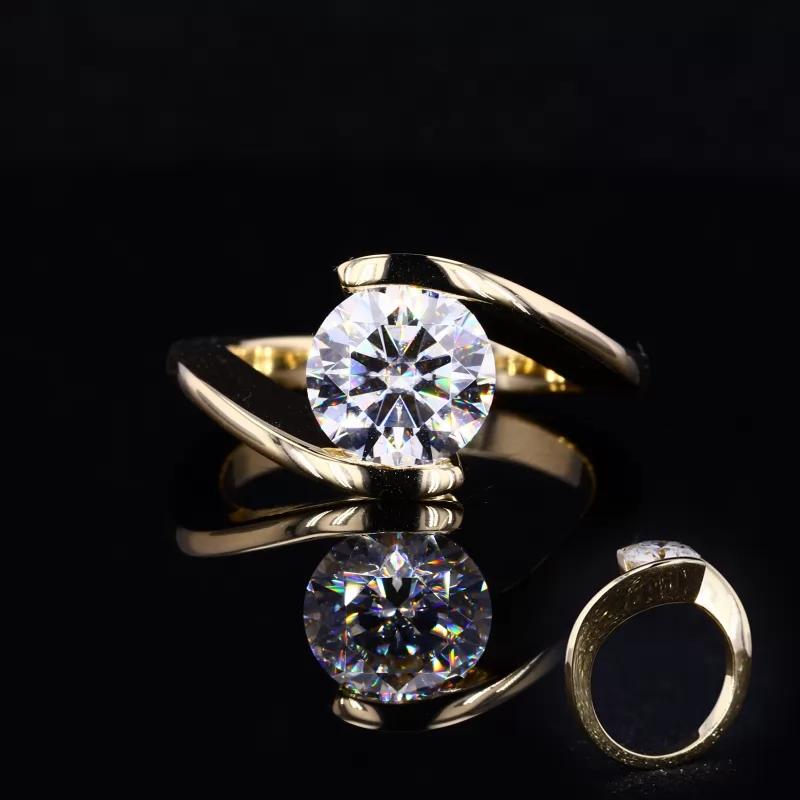 8.5mm Round Brilliant Cut Moissanite 14K Yellow Gold Tension Set Engagement Ring