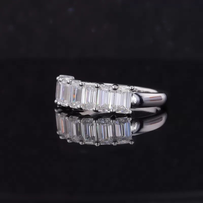 3×5mm Octagon Emerald Cut Moissanite 10K White Gold Seven Stone Diamond Ring