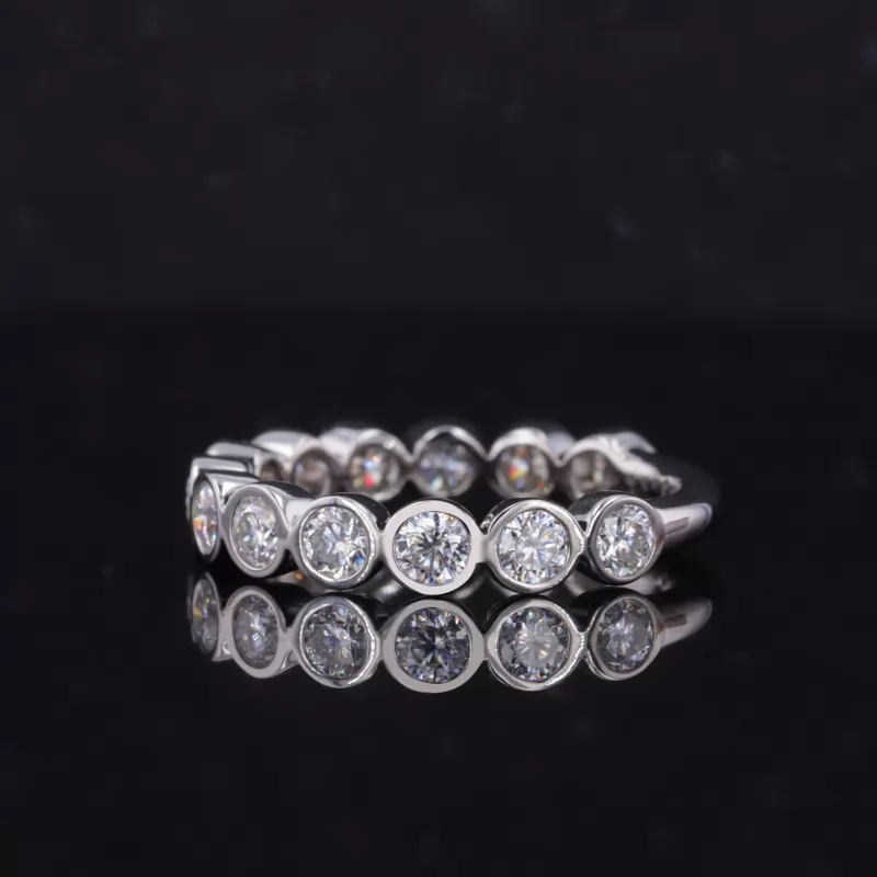 3mm Round Brilliant Cut Moissanite Bezel Set 10K White Gold Thirteen Stone Diamond Ring