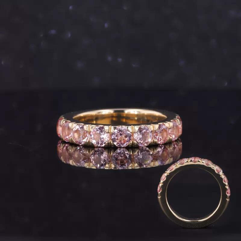 3.5mm Round Brilliant Cut Lab Grown Sukura Pink Sapphire 10K Yellow Gold Nine Stone Diamond Ring