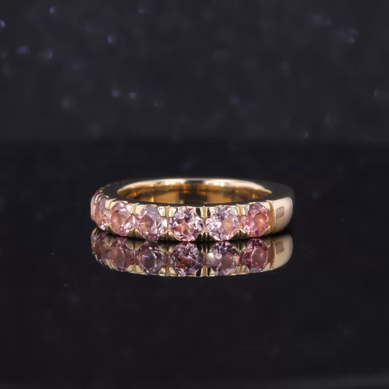 3.5mm Round Brilliant Cut Lab Grown Sukura Pink Sapphire 10K Yellow Gold Nine Stone Diamond Ring