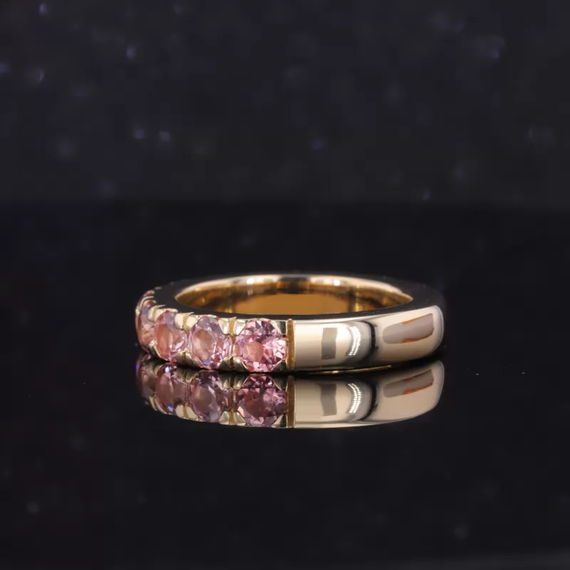 3.5mm Round Brilliant Cut Lab Grown Sukura Pink Sapphire 10K Yellow Gold Nine Stone Diamond Ring