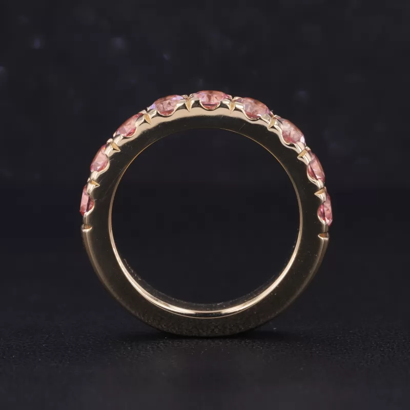 3.5mm Round Brilliant Cut Lab Grown Sukura Pink Sapphire 10K Yellow Gold Nine Stone Diamond Ring