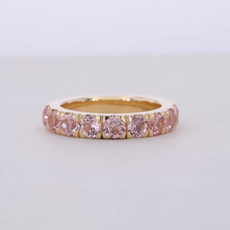 3.5mm Round Brilliant Cut Lab Grown Sukura Pink Sapphire 10K Yellow Gold Nine Stone Diamond Ring