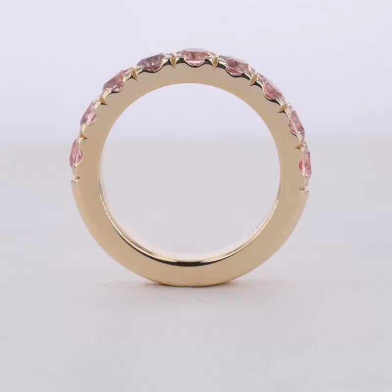 3.5mm Round Brilliant Cut Lab Grown Sukura Pink Sapphire 10K Yellow Gold Nine Stone Diamond Ring