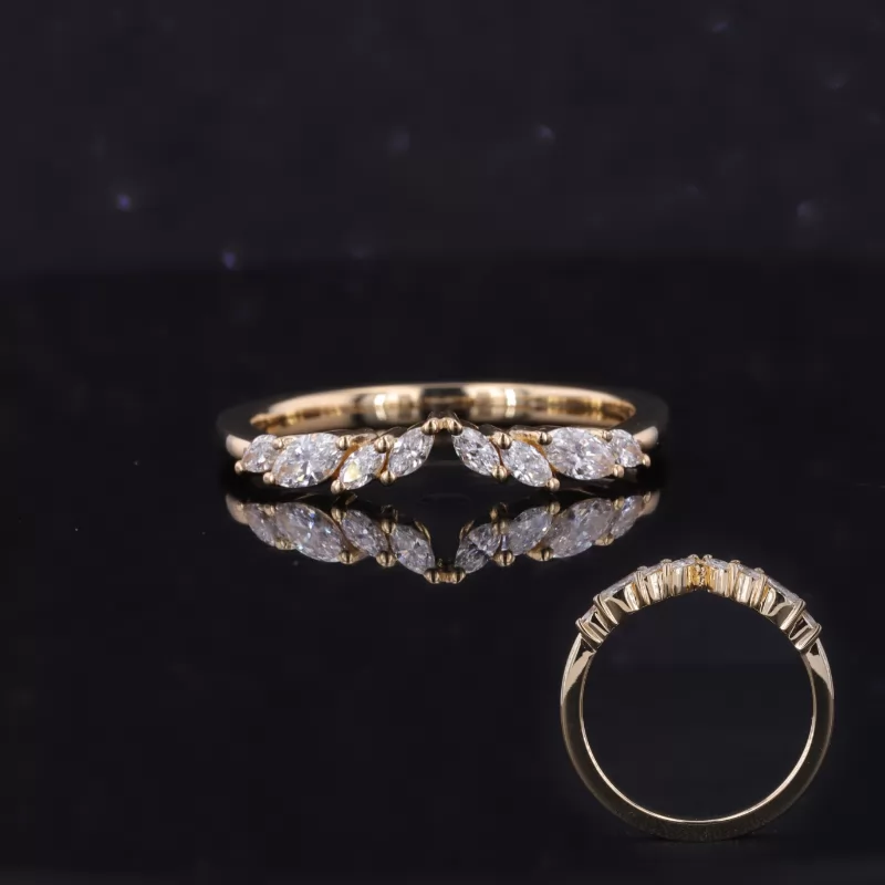 1.5×3mm & 2.2×4.2mm Marquise Cut Moissanite 14K Yellow Gold Eight Stone Diamond Ring