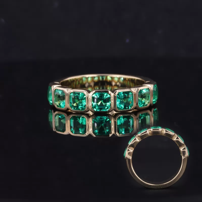 3.5×3.5mm Asscher Cut Lab Grown Emerald Bezel Set 10K Yellow Gold Seven Stone Diamond Ring