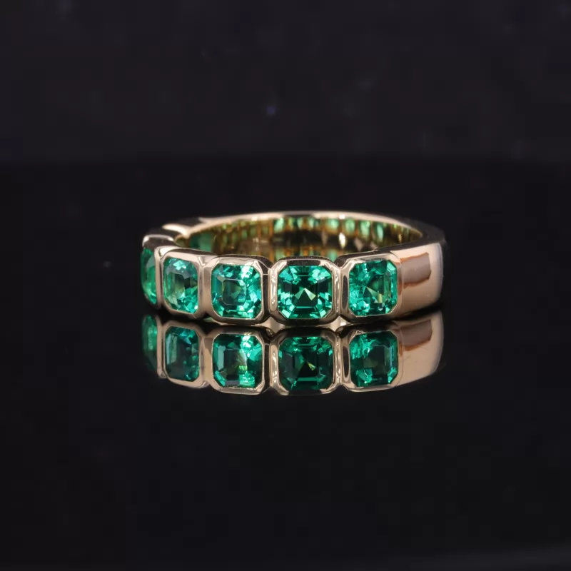 3.5×3.5mm Asscher Cut Lab Grown Emerald Bezel Set 10K Yellow Gold Seven Stone Diamond Ring
