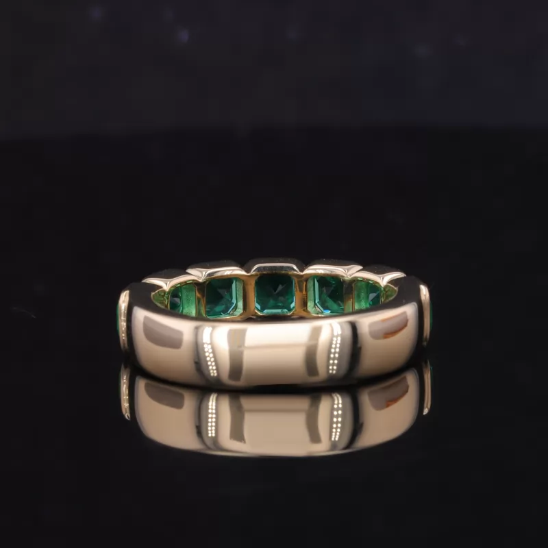 3.5×3.5mm Asscher Cut Lab Grown Emerald Bezel Set 10K Yellow Gold Seven Stone Diamond Ring