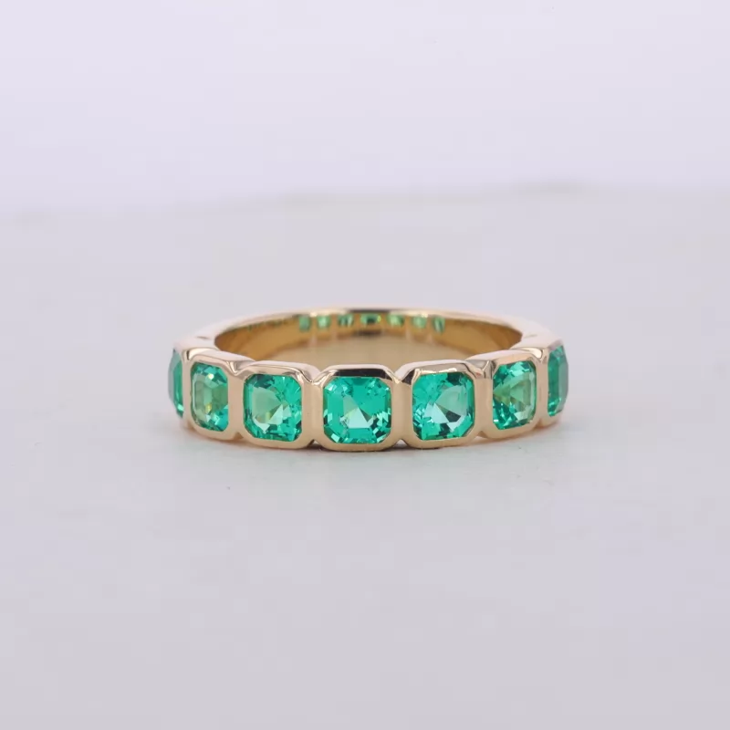 3.5×3.5mm Asscher Cut Lab Grown Emerald Bezel Set 10K Yellow Gold Seven Stone Diamond Ring